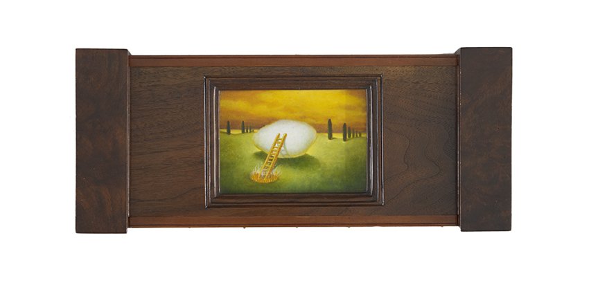 Holly Lane (American, b. 1954): Holly Lane (American, b. 1954), "The Laughing Place", 1999, mixed media construction, signed and dated lower right, signed, dated, and titled en verso in two places, overall, 8-1/4" x 18-7/8".