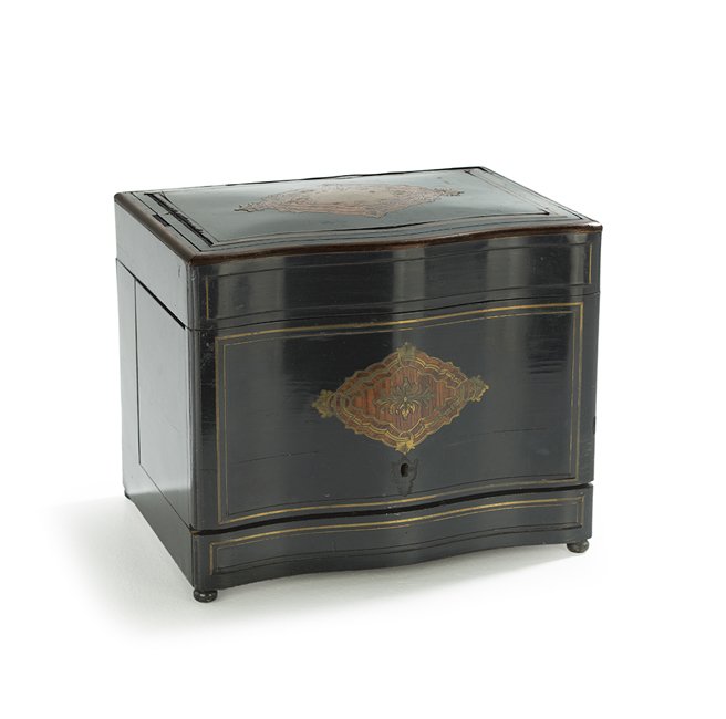 Napoleon III Ebonized Liqueur Case: Napoleon III Ebonized Liqueur Case, third quarter 19th century, with a serpentine front, the brass-inlaid case with kingwood cartouches on both the front and top, set with a rosewood lift-out tray wit