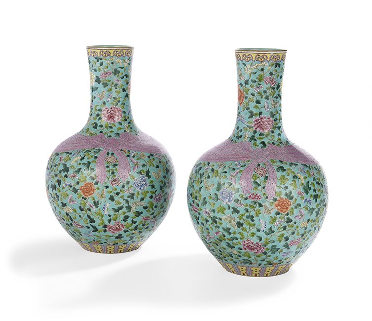 Pair of Chinese Famille Rose Bottle Vases (1 of 2)