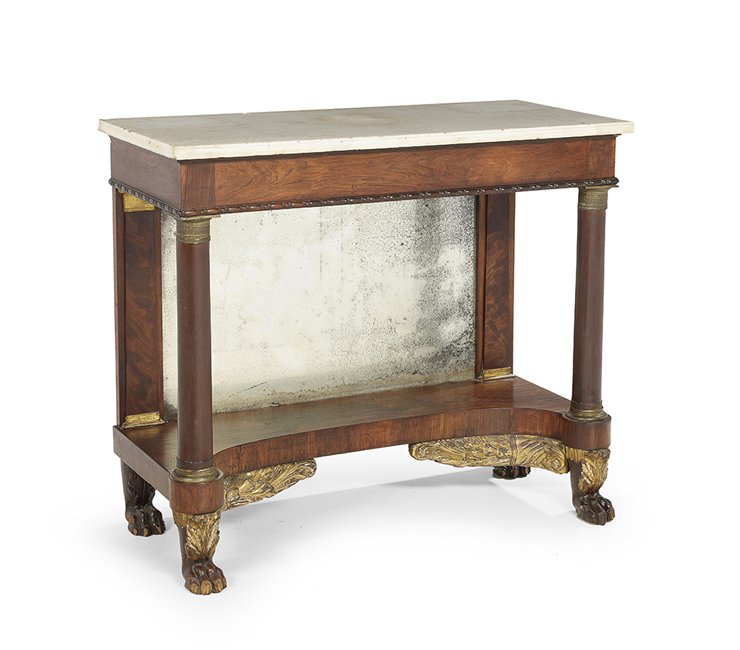 American Classical Rosewood Pier Table: American Classical Parcel-Gilt and Bronze-Mounted Rosewood Pier Table, ca. 1820, attributed to Duncan Phyfe, New York, the marble top over a frieze with later applied molding at its lower edge, suppor