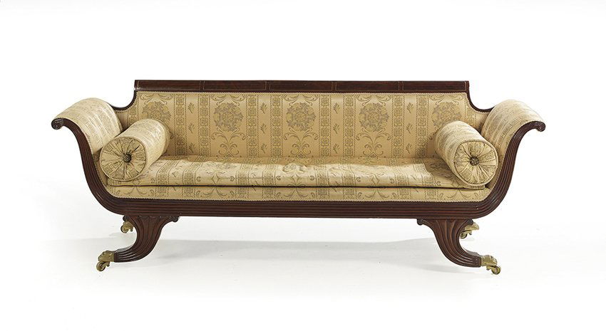 American Classical Brass-Inlaid Mahogany Sofa: Fine American Classical Brass-Inlaid Mahogany Sofa, first quarter 19th century, school of Duncan Phyfe, the top rail with a row of five figure panels, each edged with brass stringing with reeded scrol