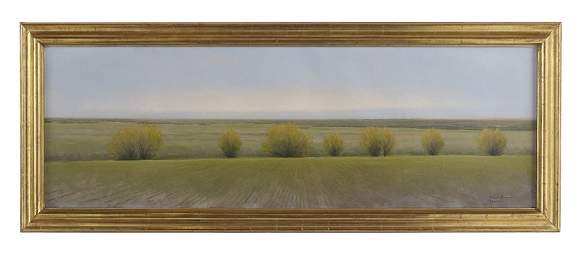 Bruce Brainard (American/Utah/Idaho, b. 1962): Bruce Brainard (American/Utah/Idaho, b. 1962), "Planted", oil on linen, signed and dated lower right, 20" x 60". Framed.