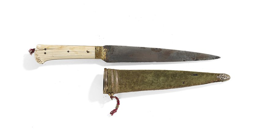 Mughal Deccan Bone & Gold-Damascened Steel Dagger: Mughal Deccan Bone and Gold-Damascened Steel Dagger, the single-edged watered blade tapering gradually from the hilt to the point, the grip comprised of two pieces of bone riveted to the gold-damascen