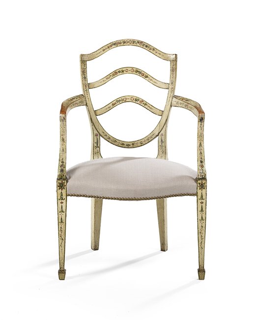 Hepplewhite Polychrome Armchair: Hepplewhite Polychrome Armchair, first quarter 19th century, the shield-form back with domed splats joined to the padded seat by downswept arms, raised on tapering square legs headed by bellflower car