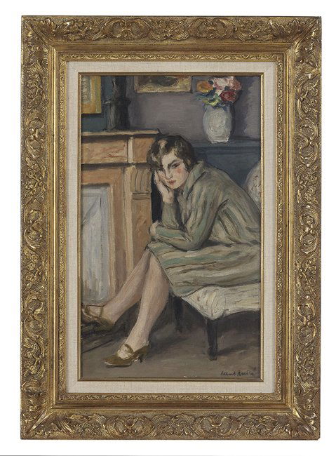 Albert Andre (French, 1869-1954): Albert Andre (French, 1869-1954), "La Meditation - Mlle. Jacqueline Bret devant La Cheminee, Laundun", oil on canvas, signed lower right, verso with a handwritten label and a partial label from "Gale