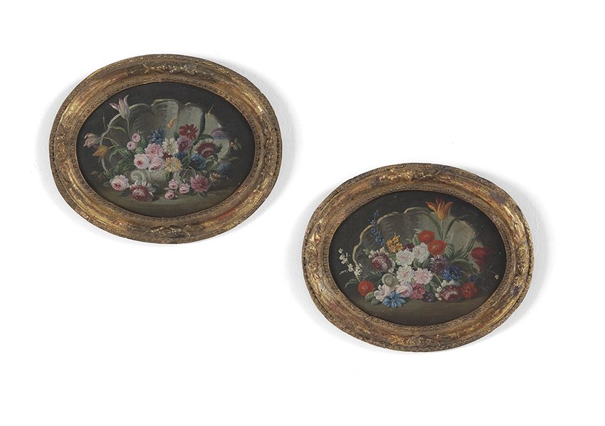 Follower of B. van der Ast (Dutch, 1593/94-1657): Follower of Balthasar van der Ast (Dutch, 1593/94-1657), "Still Life of Flowers and a Seashell", pair of oils on board, fourth quarter 19th century, 8" x 10-1/2". Presented in matching, antique carve