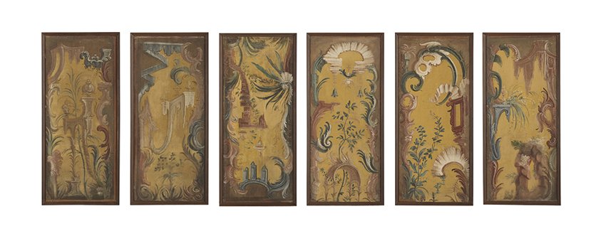 Six Italian Oil-on-Canvas Theatre Panels: Set of Six Italian Oil-on-Canvas Decorative Theatre Panels, mid-20th century, on a yellow ground, framed with painted scrollwork and decorated with variations of fringed curtains, architectural arches