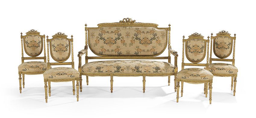 Five-Piece Louis XVI-Style Giltwood Parlor Suite (1 of 3)