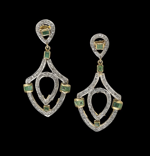 14 Kt. Gold, Silver, Diamond & Emerald Earrings (1 of 1)