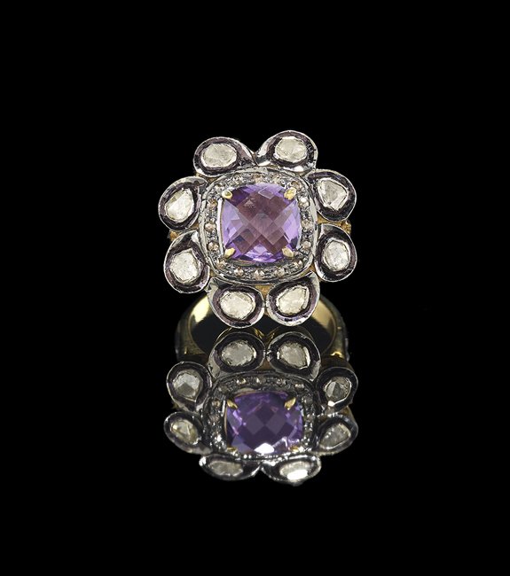 14 Kt. Gold, Silver, Amethyst and Diamond Ring (1 of 1)