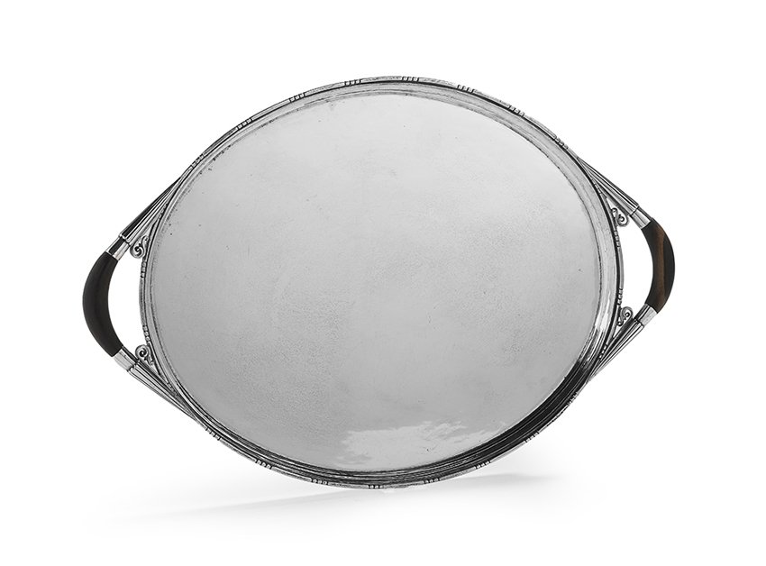 Georg Jensen Sterling Silver Tray: Georg Jensen Sterling Silver Tray, with the Jensen 1925-1932 mark, Copenhagen, pattern No. 251B, designed by Johan Rohde (1856-1935), of oval form, with "bobbin" ram and scroll-mantled conical gadroo
