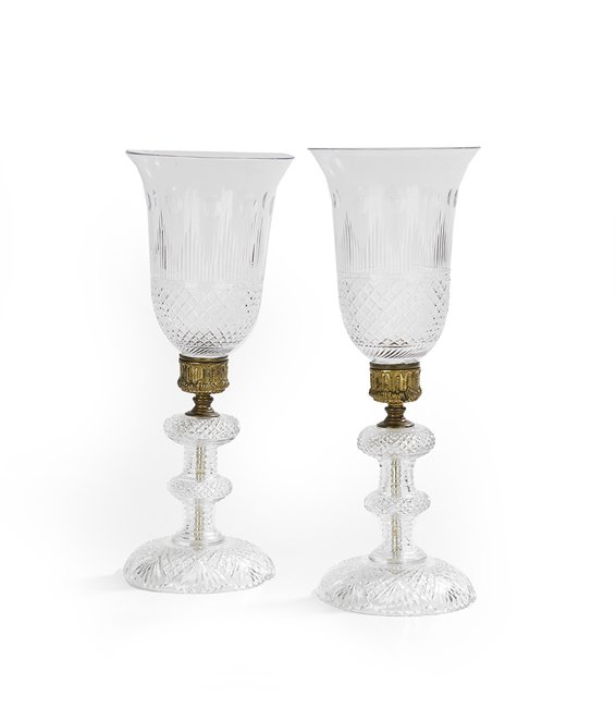 Pair of Regency Revival Cut Glass Hurricane Lamps (1 of 1)