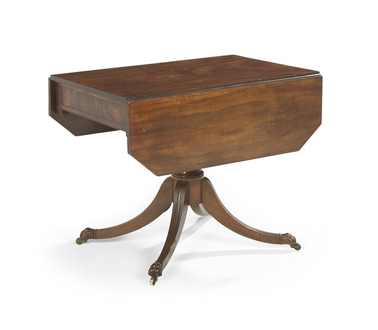 American Classical Mahogany Drop-Leaf Table: American Classical Mahogany Drop-Leaf Table, ca. 1820, school of Duncan Phyfe, New York, the single-board top flanked by like drop leaves with canted corners, and raised on a pedestal with a rounded