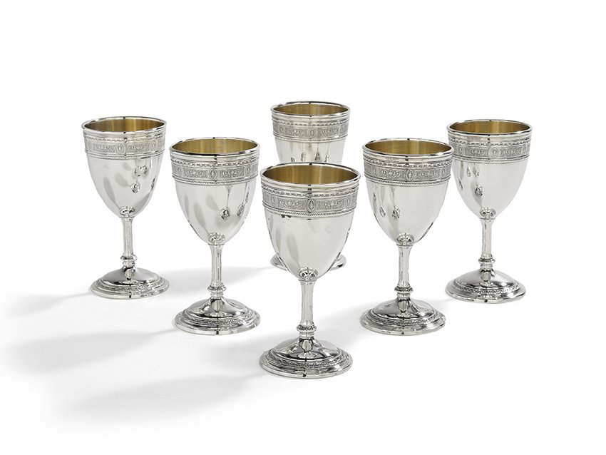 Six International "Wedgwood" Silver Wine Goblets: Set of Six International "Wedgwood" Sterling Silver Wine Goblets, the pattern designed in 1925 by Alfred Grover Kintz (1885-1963), Meriden, Connecticut, the interiors gilt, h. 6-3/8", dia. 3-1/8", 32.