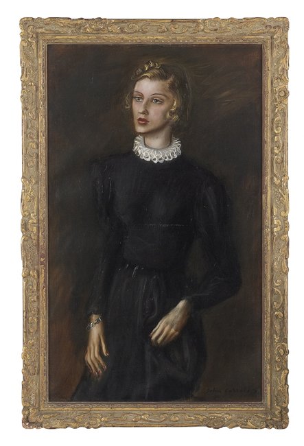 John Wesley Carroll (American, 1892-1959): John Wesley Carroll (American, 1892-1959), "Portrait of an Elegant Woman Wearing a Black Dress with a Ruff Collar", 1936, oil on canvas, signed and dated lower right, 50" x 30". Framed.