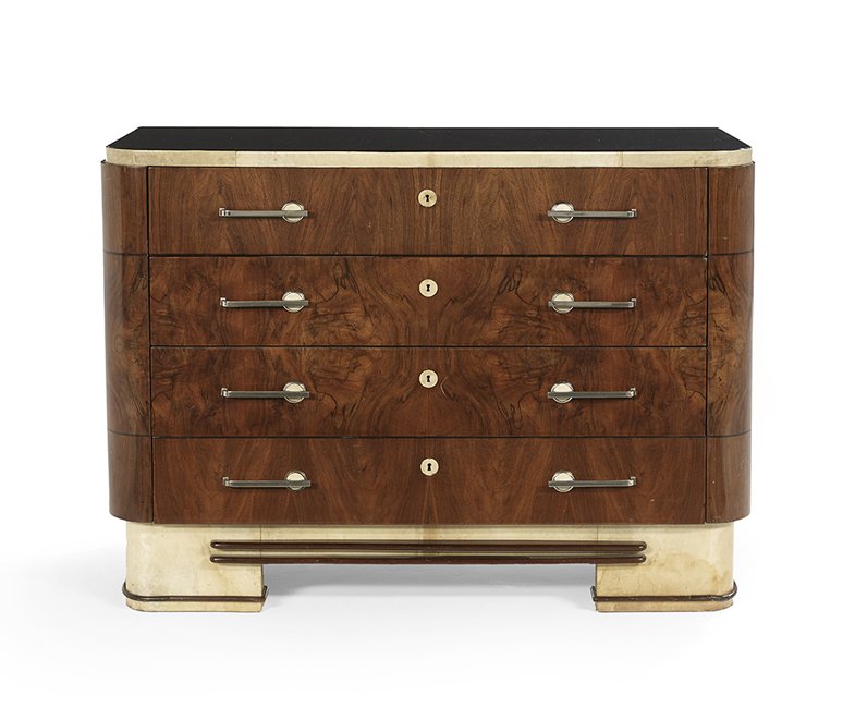 Glass, Parchment and Walnut Chest: Continental Glass, Parchment and Circassian Walnut Chest, mid-20th century, in the Art Deco taste, the russet black glass top with rounded corners and framed by a lacquered-parchment conforming case