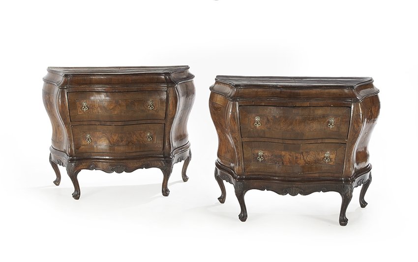 Pair of Italian Mixed Wood Bombe Commodes (1 of 1)