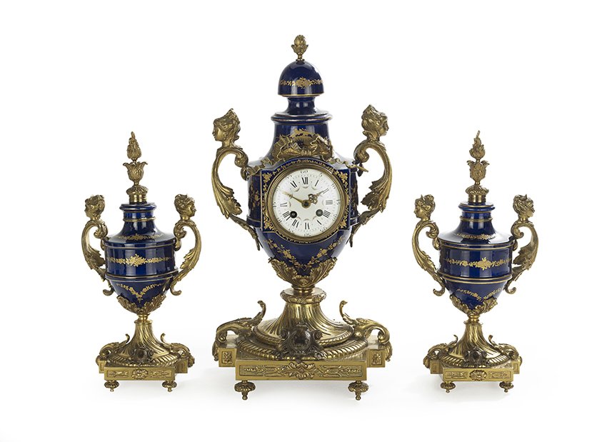 French Gilt-Bronze and Cobalt Porcelain Clock Set (1 of 1)