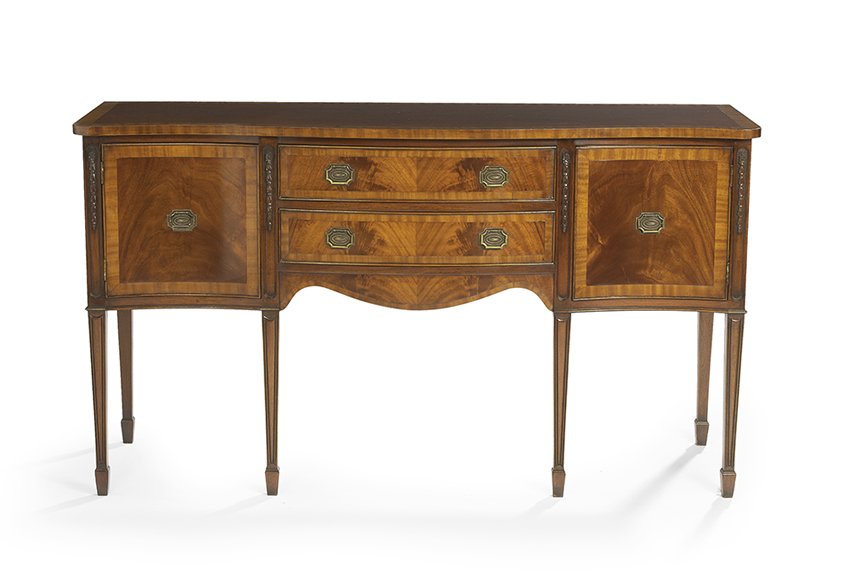 Georgian-Style Mahogany Sideboard: Georgian-Style Mahogany Sideboard in the Hepplewhite Taste, with a serpentine top case, the top, drawers and doors edged with contrasting crossbanded veneers, h. 36", w. 64", d. 20".