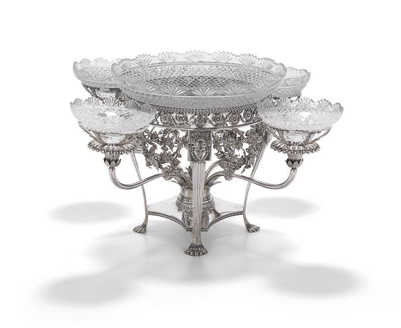Good Late Georgian Sterling Silver Epergne: Good Late Georgian Sterling Silver Epergne, hallmarked London, 1808-1809, by Benjamin & James Smith (active 1809-1812), with a circular receptacle with openwork Vitruvian scroll banding and gadrooned