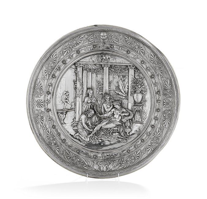 Leonard Morel-Ladeuil (French, 1820-1888): Leonard Morel-Ladeuil (French, 1820-1888), "A Pompeian Lady at Her Toilette", 1877, Elkington & Co., Birmingham, England, a silvered copper electrotype charger after the 1876 model designed for the Ph