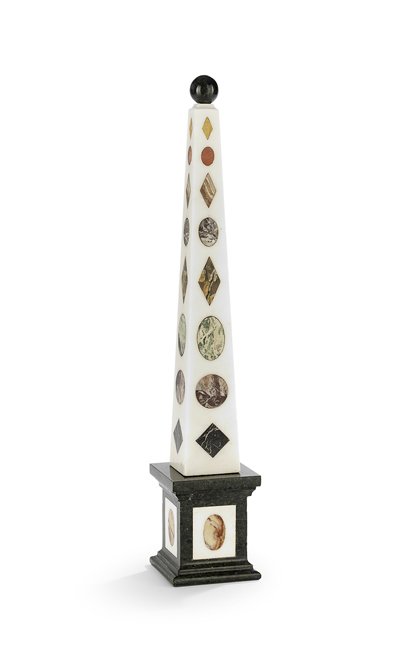 Italian Pietra Dura Obelisk: Italian Pietra Dura Obelisk, 20th century, composed of white and green marble inlaid with various stones, h. 19-1/4", w. 3-3/4", d. 3-3/4".