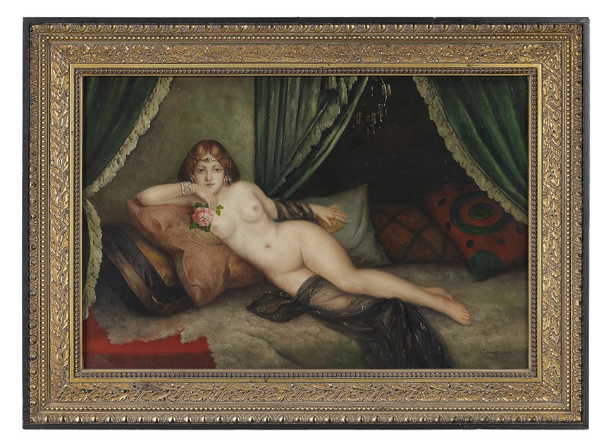 American School (20th Century): American School (20th Century), "Odalisque", oil on canvas, signed lower right "J. Harrison", 24" x 36". Framed.