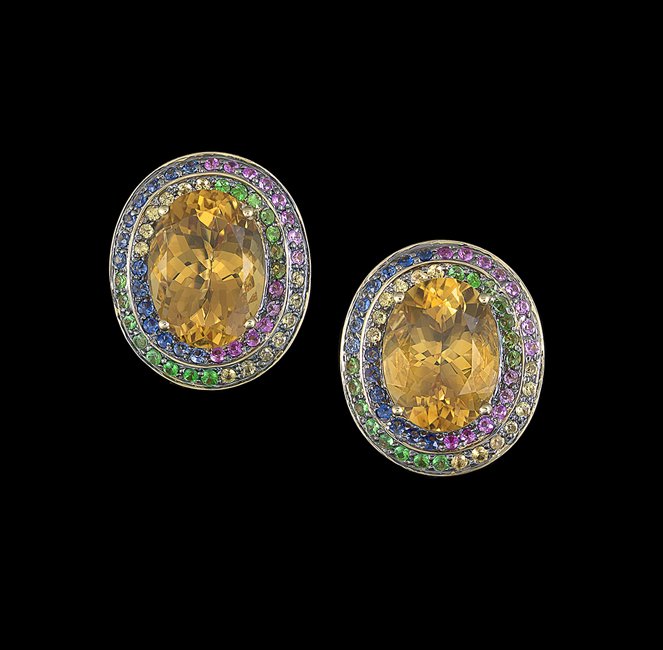 14 Kt., Citrine, Tsavorite & Sapphire Earrings: Fourteen-Karat Yellow Gold, Citrine, Tsavorite Garnet and Multicolored Sapphire Earrings, each earring mounted with an oval-cut citrine, with an approximate total weight of 16.25 carats for the pair,