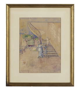 Ellsworth Woodward (US/New Orleans, 1861-1939): Ellsworth Woodward (American/New Orleans, 1861-1939), "End of the Work Day", watercolor and graphite on paper, signed lower left, sight 15-3/4" x 12". Glazed, matted and framed.