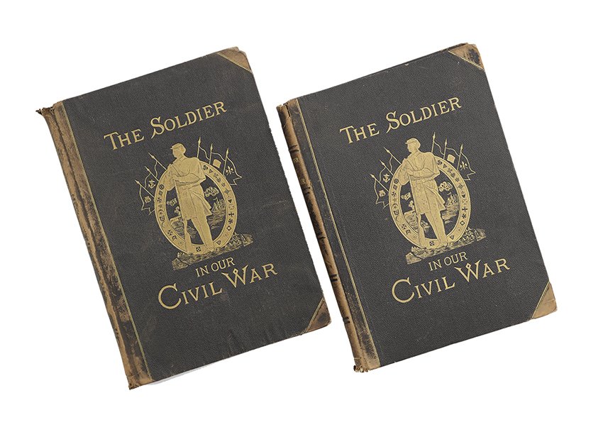 The Soldier in the Civil War,: The Soldier in the Civil War, Paul Mottelay, ed., New York: J. H. Brown Publishing Co., 1884, complete in two volumes, with decorative gilt-stamped front boards, 16-1/2" x 12-1/4".