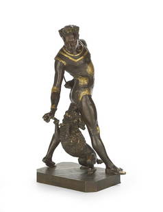 French Bronze Sculpture of "Levantate": French Patinated and Gilt-Accented Bronze Sculpture of "Levantate", ca. 1900, after George de Chemellier (French, 1835-1907), cast signature at edge of self-base, h. 24", w. 8-1/2", d. 12".