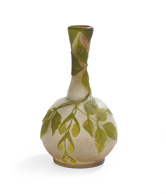 Emile Galle Cameo Glass Bottle Vase: Emile Galle Cameo Glass Bottle Vase, first quarter 20th century, Nancy, French, layered with two colors of green over a pink shaded base, decorated with trailing vines and leaves, signed "Galle" on th
