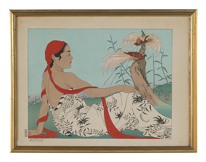 Paul Jacoulet (French/Japanese, 1902-1960): Paul Jacoulet (French/Japanese, 1902-1960), "Les Paradisiers - Menado, Celebes" and "Le Rocher de Jockadj - Ponape", two color woodblocks, each signed, stamped and titled, sights 14" x 18-1/2" and 18-
