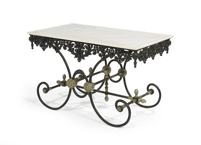 Brass-Mounted Iron and Marble-Top Baker's Table (1 of 1)