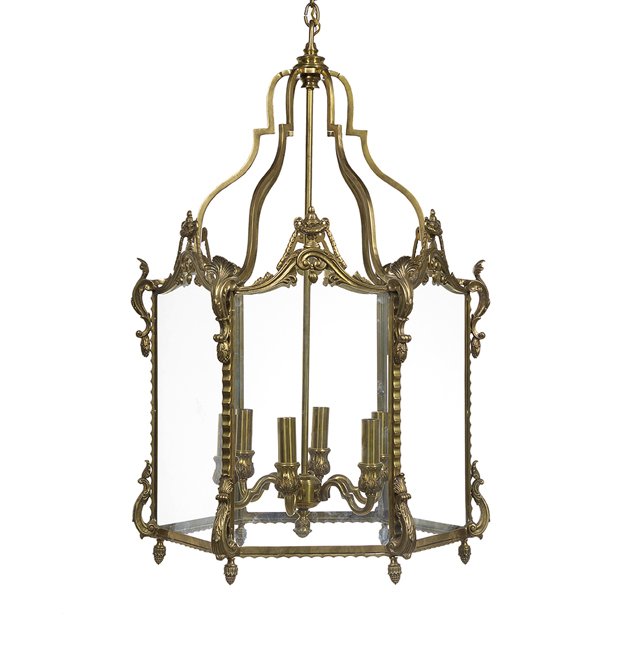 French Bronze Lantern in the Baroque Taste: French Bronze Hexagonal Six-Light Lantern in the Baroque Taste, 20th century, set with arched panels, each framed with urn and laurel swag-molded crest, each side with ripple molding trimmed in scroll