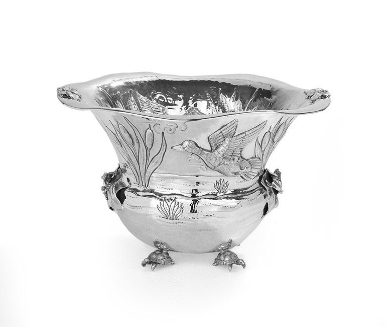 Fine Italian Sterling Silver Wine Cooler: Fine Italian Sterling Silver Wine Cooler, fourth quarter 20th century, by Renato Raddi, Florence, hand-crafted of thistle form with wavy rim, decorated with a repousse marsh scene of bulrushes and duc