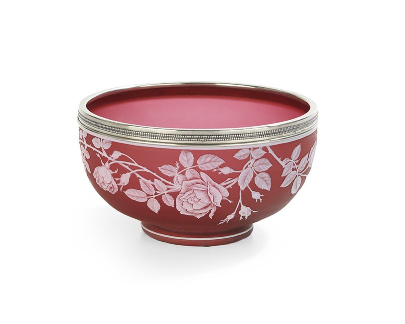 Thomas Webb & Sons Cameo Glass Bowl: Thomas Webb and Sons Cameo Glass and Sterling Silver Bowl, ca. 1900, English, composed of white-over-cranberry glass carved with naturalistic roses, acid-etched with a "Thomas Webb and Sons Cameo" mar