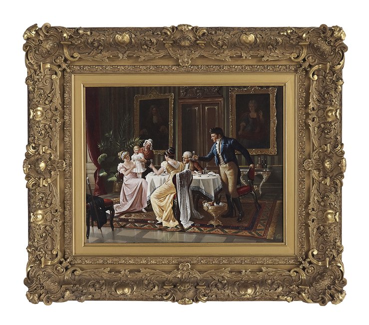 Continental School (Fourth Quarter 20th Century): Continental School (Fourth Quarter 20th Century), "The Parlor Toast", oil on cradle board, indistinctly signed lower right "K..H...", 19-1/2" x 27". Presented in a giltwood frame. Provenance: The Esta