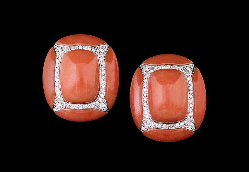 18 Kt. Gold, Coral and Diamond Ear Clips (1 of 1)