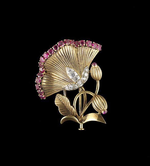 French 18 Kt. Gold, Diamond and Ruby Brooch (1 of 1)