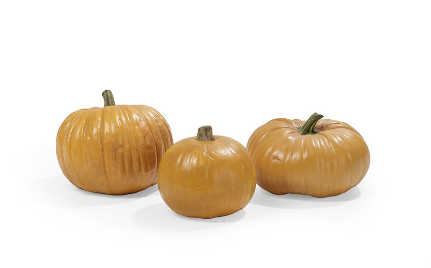 Mary Kirk Kelly (American/Alabama, 1918-2013): Mary Kirk Kelly (American/Alabama, 1918-2013), three ceramic pumpkins, each signed, one dated 1993, h. 7" to 8-1/2", dia. 7-1/2" to 8-3/4".