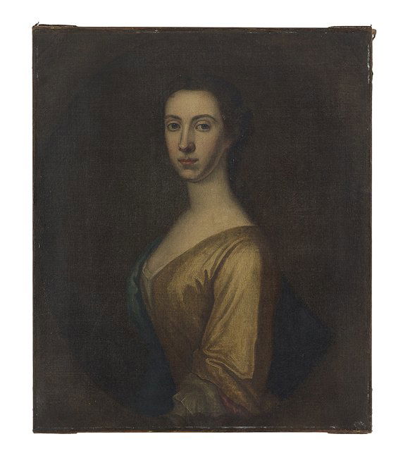 After Gavin Hamilton (Scottish,1723-1798): After Gavin Hamilton (Scottish,1723-1798), "Portrait of a Lady", ca. 1740s, oil on canvas, unsigned, artist identified en verso on "Thomas Wilson, Fine Art Auctioneer and Valuator" label, 30-3/8" x 25