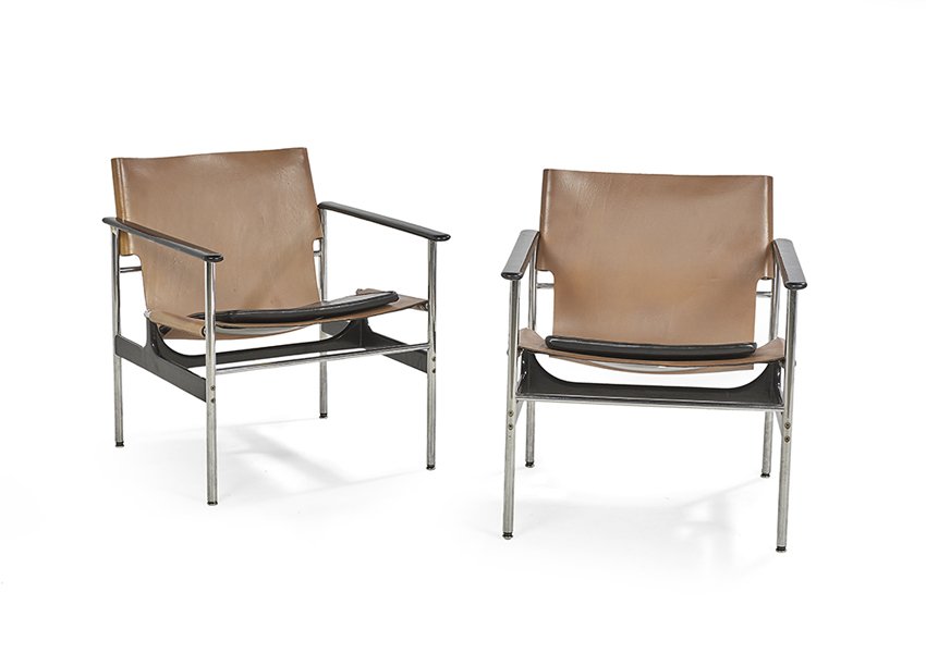 Vintage Pair of Knoll "657" Sling Arm Chairs: Vintage Pair of Knoll International "657" Sling Arm Chairs, 1970s, designed by Charles Pollock in 1960, with chrome-plated tubular steel frames, the cognac leather slings fitted with black lambskin se