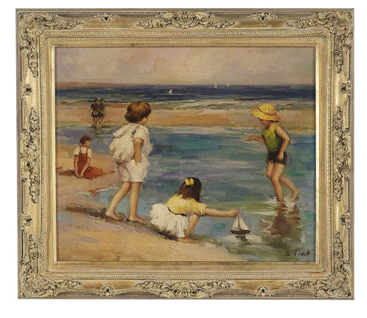 Claude-Marie Buford (French, b. 1946): Claude-Marie Buford (French, b. 1946), "Children Playing on the Beach", oil on wood panel, signed lower right, 20" x 24". Framed.