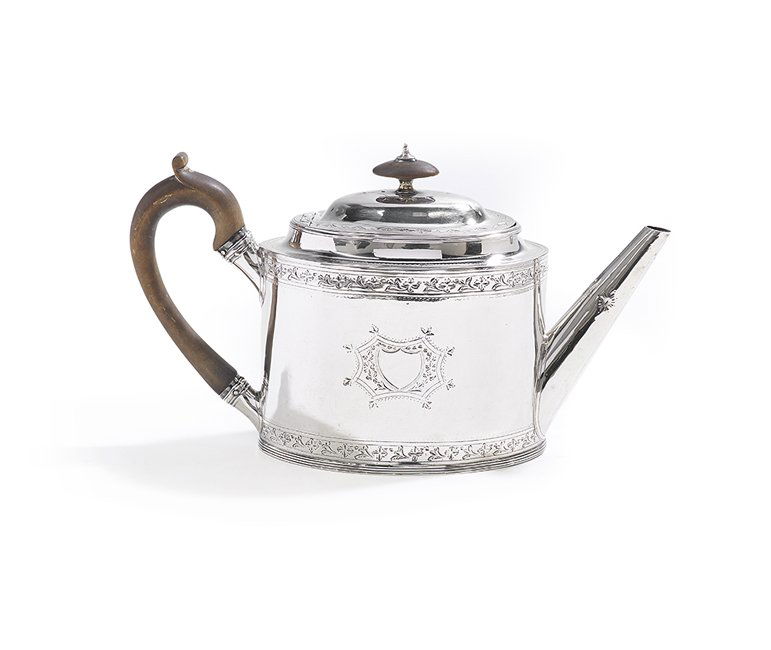 George III Sterling Silver Teapot: George III Sterling Silver Teapot, hallmarked London, 1791-1792, by Peter and Ann Bateman, mark overstruck by retailer George Gray, of tapering oval section, with cavetto rim, hinged domed lid, conica