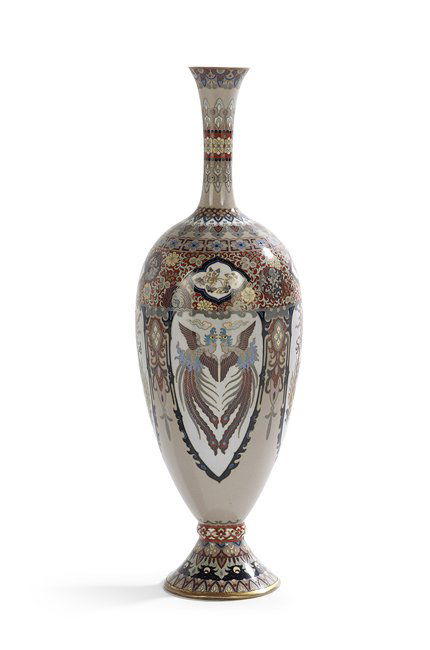 Japanese Amphora-Shaped Cloisonne Vase: Japanese Amphora-Shaped Cloisonne Vase, Meiji period (1868-1912), decorated with alternating panels of phoenix birds and dragons on a gray ground, with orange-ground borders, decorated with scrollwork
