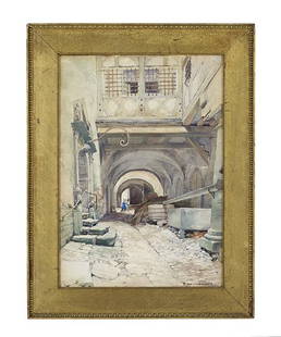 Ellsworth Woodward (US/New Orleans, 1861-1939): Ellsworth Woodward (American/New Orleans, 1861-1939), "Roman Alley with Street Cleaner", watercolor on paper laid down on board, signed lower right, 21-1/8" x 14-7/8". Framed.