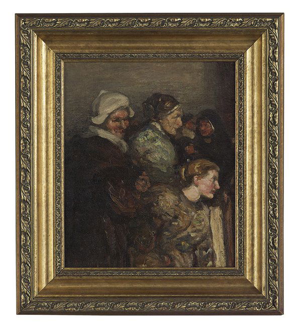 Augustus Koopman (American, 1869-1914): Augustus Koopman (American, 1869-1914), "Women in Marketplace, Etaples, France", oil on canvas, signed lower left, 18" x 15". Framed. Exhibited: Isaac Delgado Museum of Art, New Orleans, Louisiana, Ma