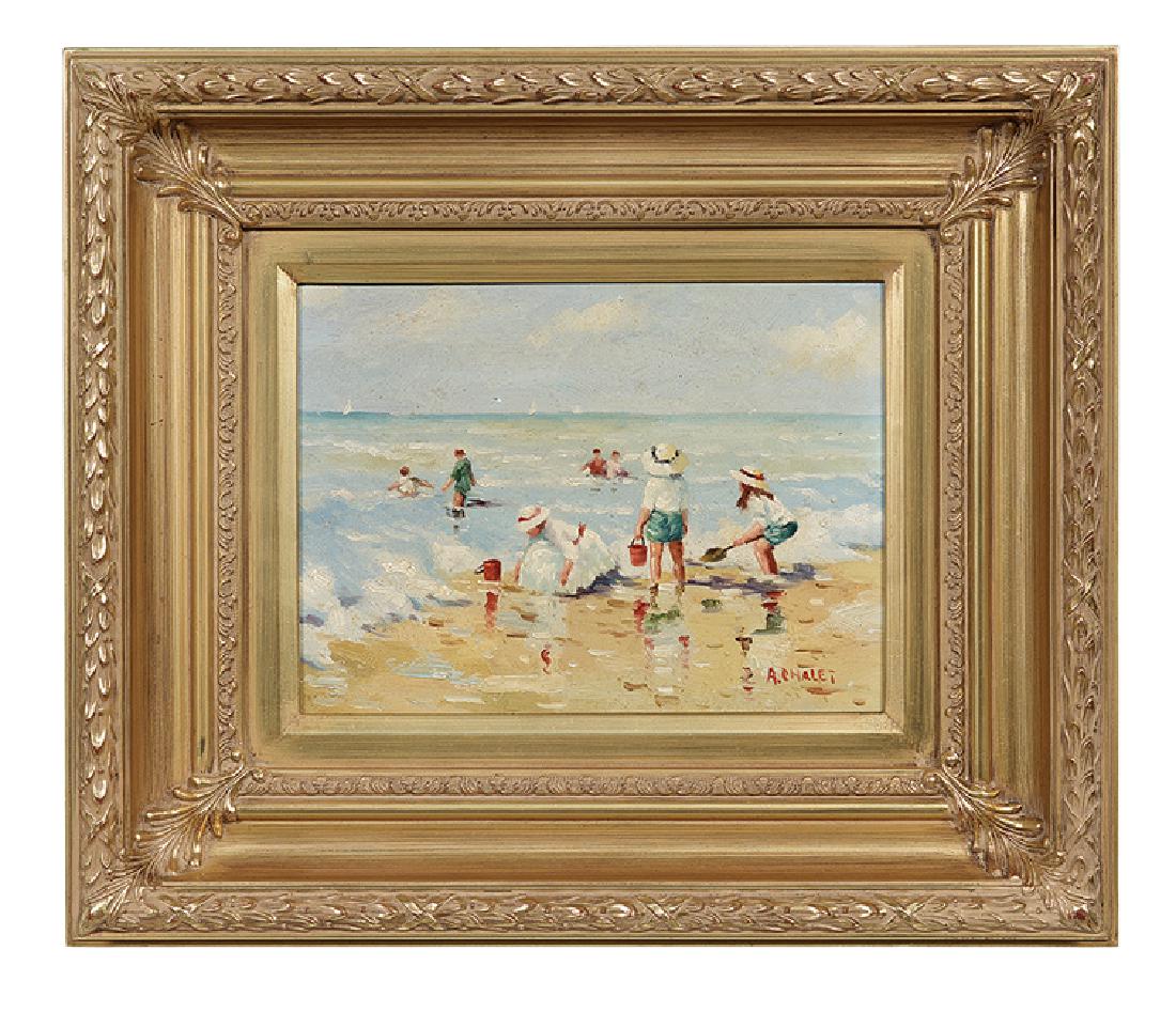 Andre Chalet (French, b. 1954): Andre Chalet (French, b. 1954), "Children on the Beach", oil on wood panel, signed lower right, 8-7/8" x 12". Framed.