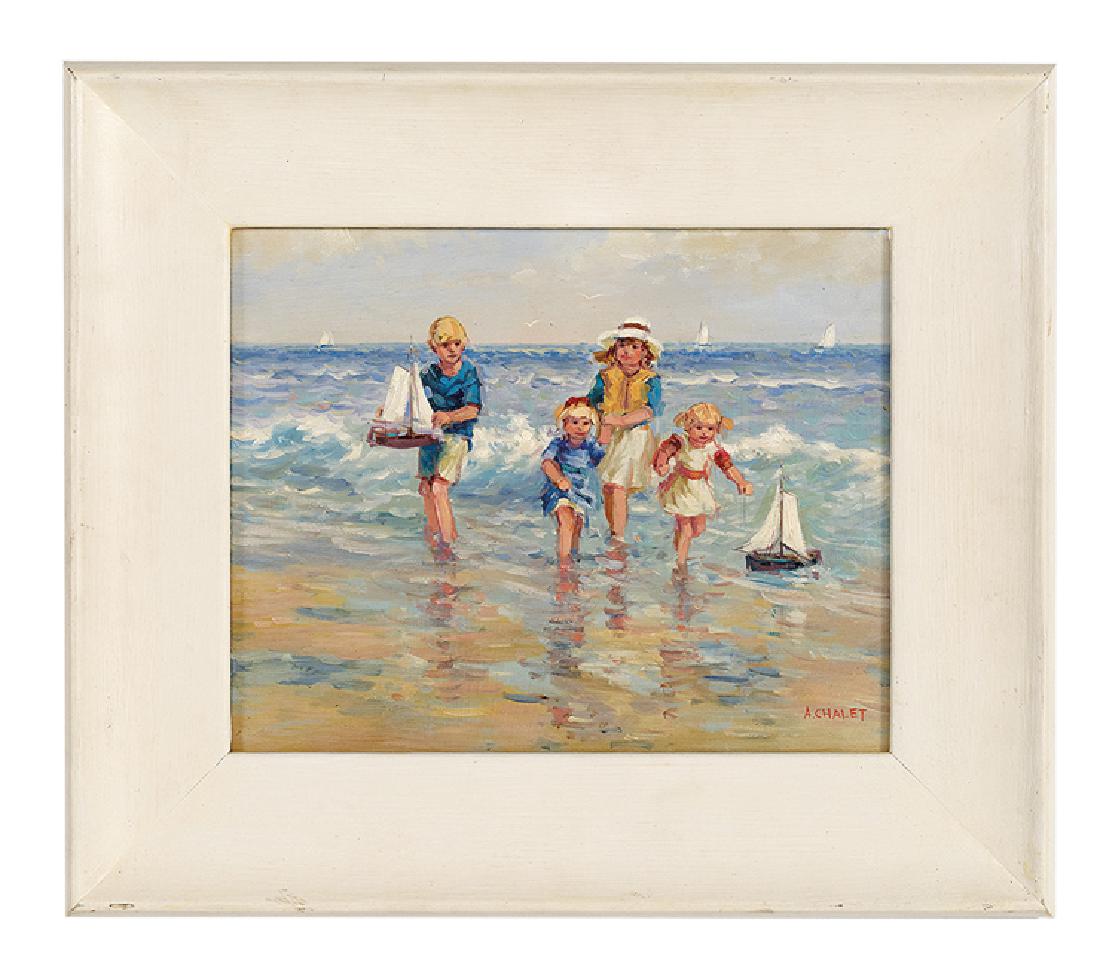 Andre Chalet (French, b. 1954): Andre Chalet (French, b. 1954), "Children at the Beach", oil on wood panel, signed lower right, 9-1/2" x 11-3/4". Framed.